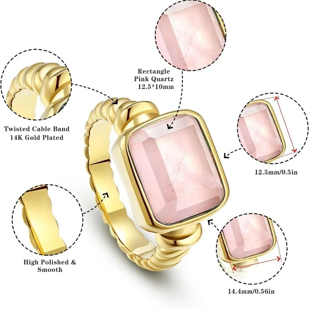Women's 14K Gold Plated Statement Rings Emerald Cut Teal Turquoise/Rose Quartz C - Picture 5 of 6